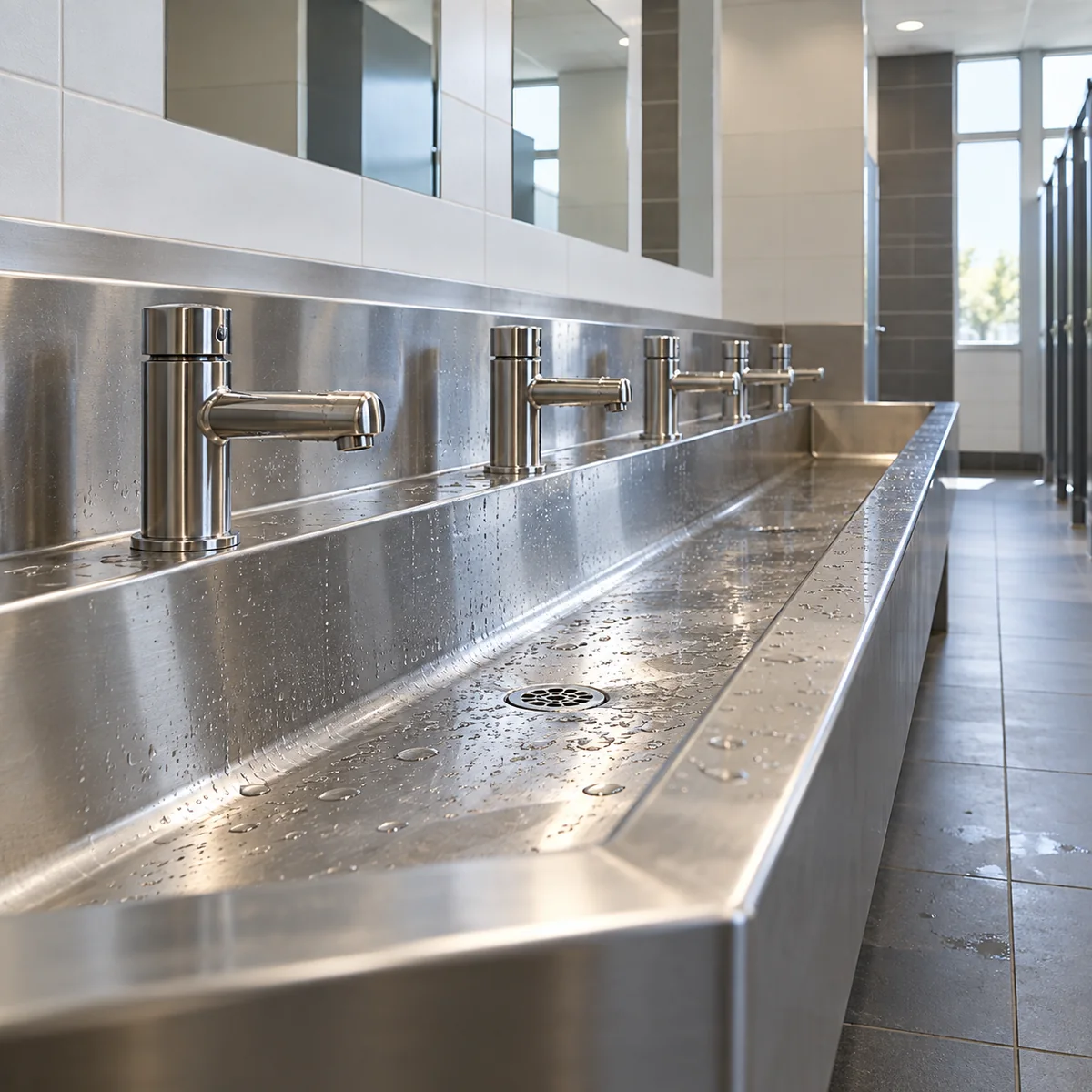 Long multi-user stainless steel trough basin with several tap stations