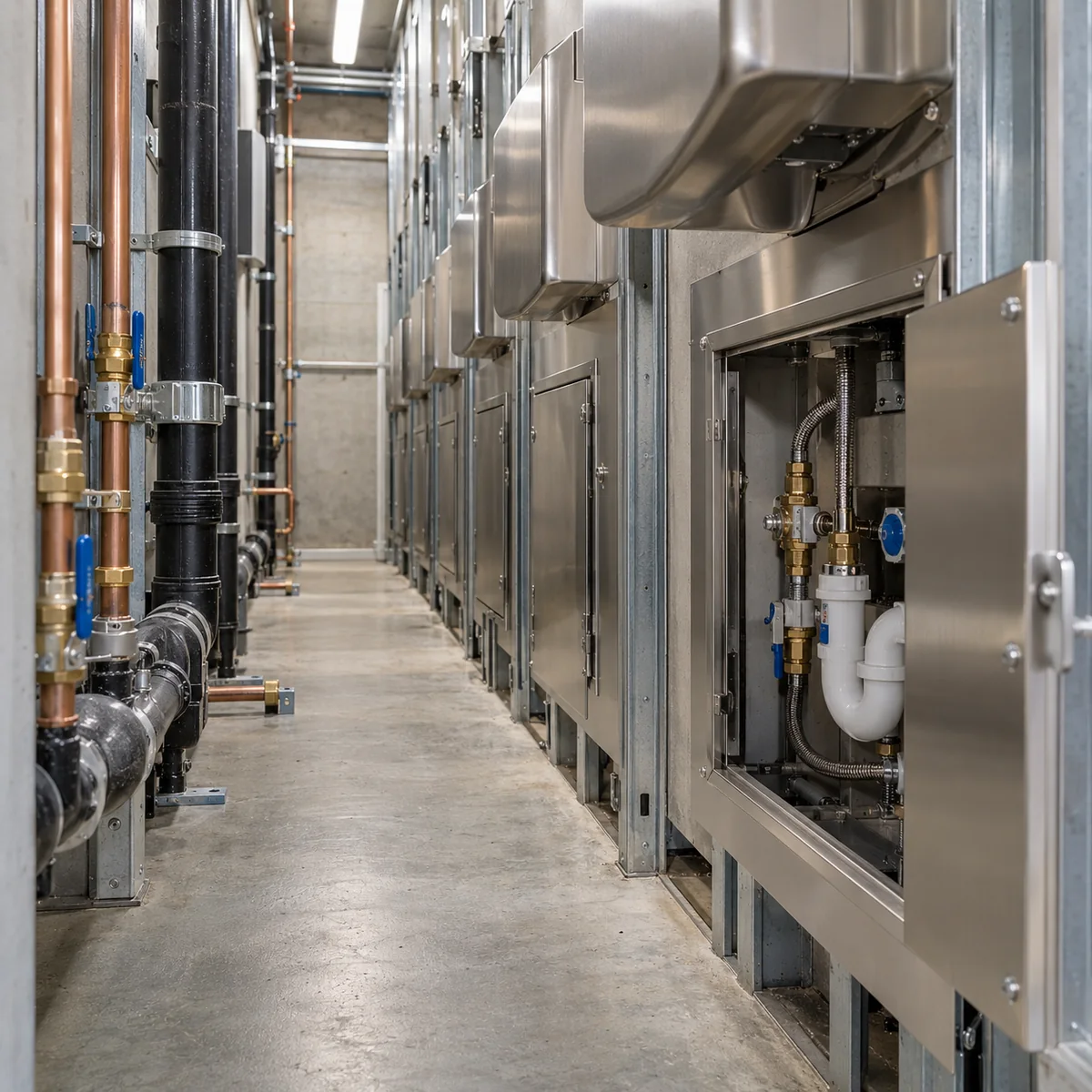Organized plumbing service chase behind stainless steel restroom fixtures