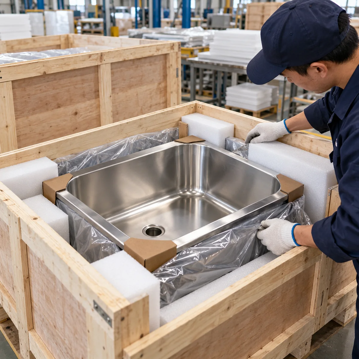 Worker inspecting protective packing around a stainless steel basin in a timber crate
