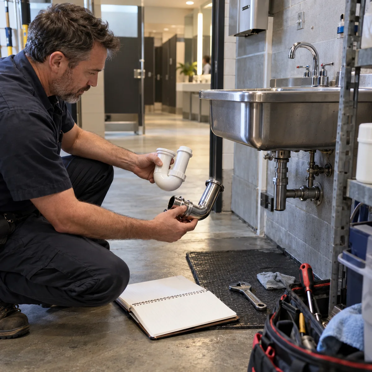 Facilities manager comparing service parts beside a stainless steel commercial basin