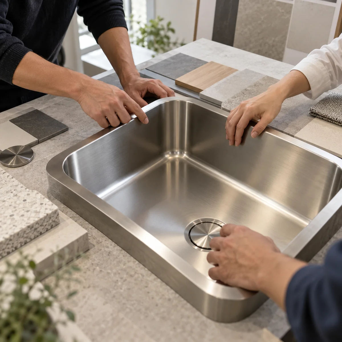 Project team reviewing a stainless steel basin sample and material finishes