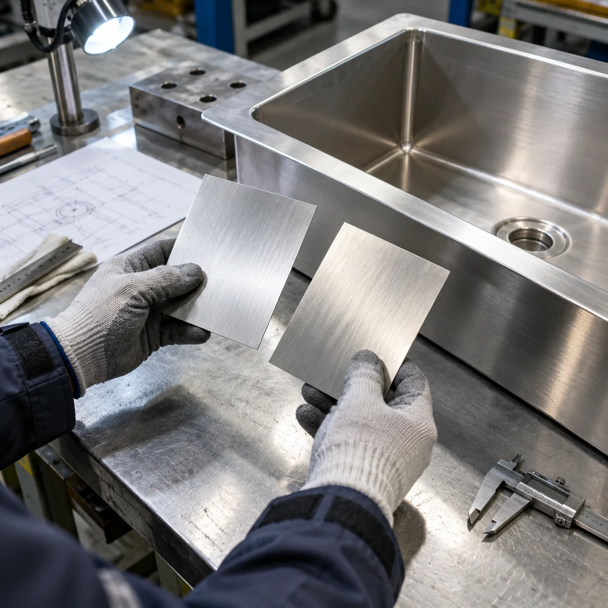 Engineer comparing stainless steel samples beside a commercial sanitary basin