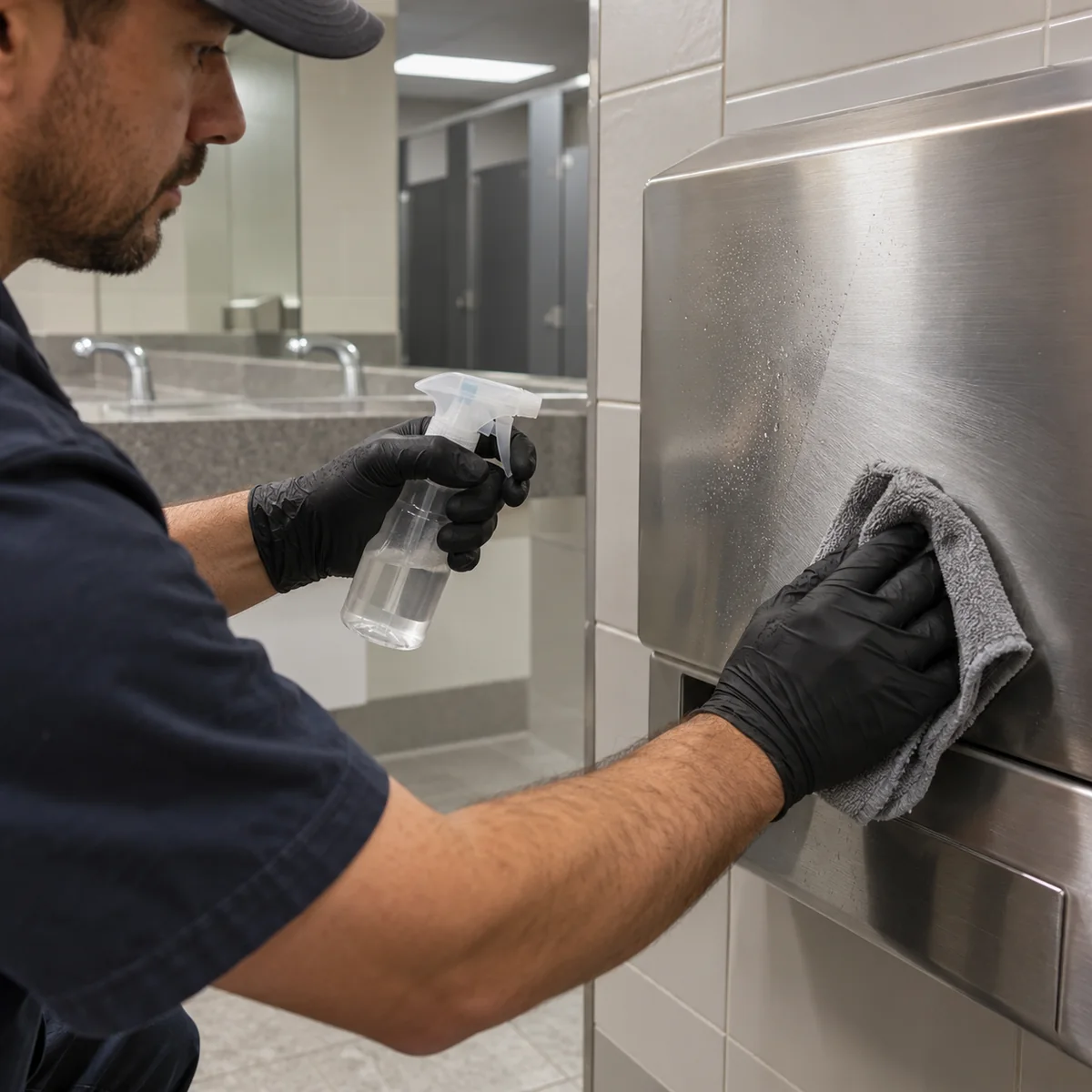 Maintenance worker wiping a brushed stainless steel restroom fixture
