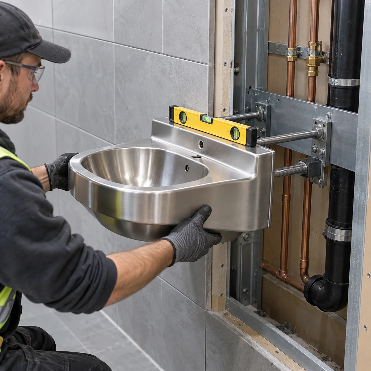 Installer aligning a wall-mounted stainless steel basin with concealed supports