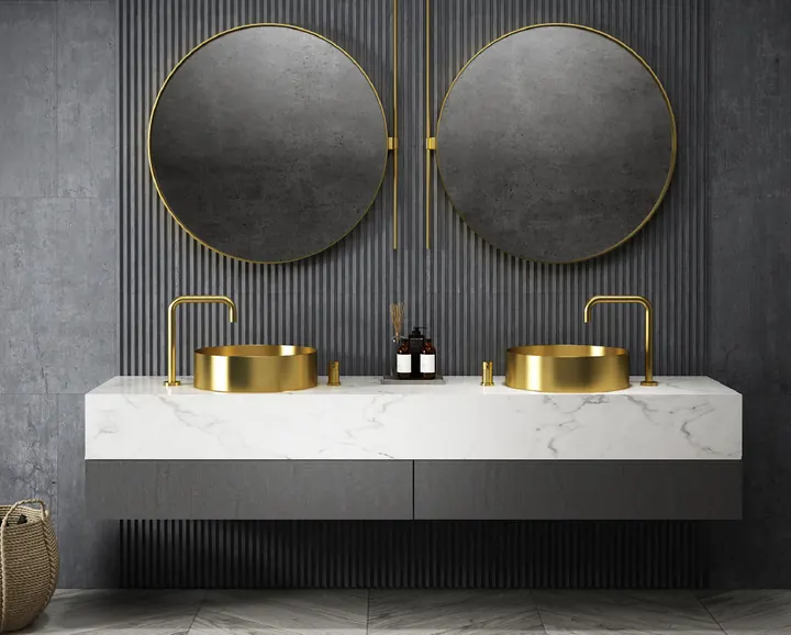 Double stainless steel basin installation for a modern commercial washroom
