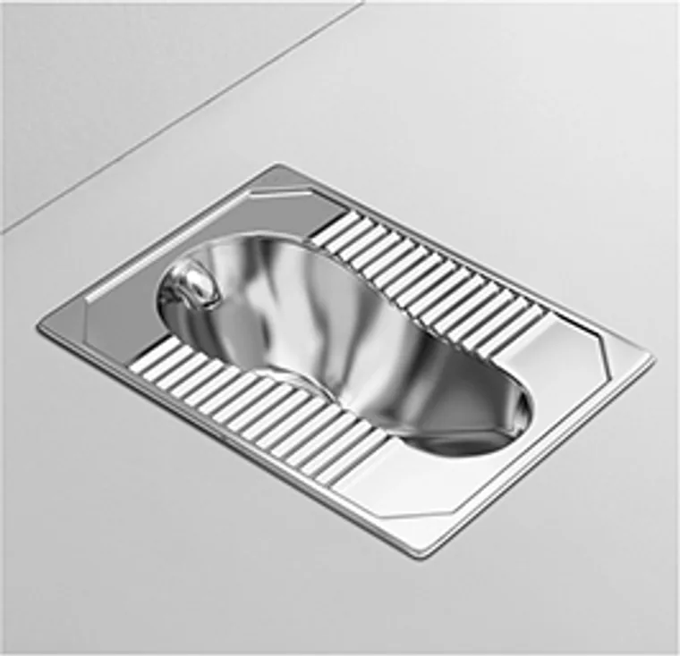 A stainless steel squatting pan designed for commercial bathroom, hospitality and public sanitary projects.