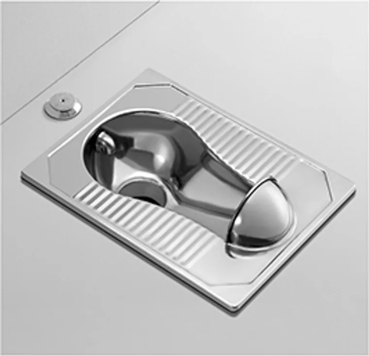 A stainless steel squatting pan designed for commercial bathroom, hospitality and public sanitary projects.