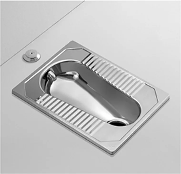 A stainless steel squatting pan designed for commercial bathroom, hospitality and public sanitary projects.