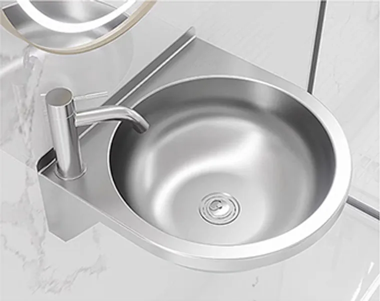 A stainless steel hanging basin designed for commercial bathroom, hospitality and public sanitary projects.