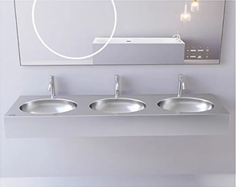 A stainless steel hanging basin designed for commercial bathroom, hospitality and public sanitary projects.
