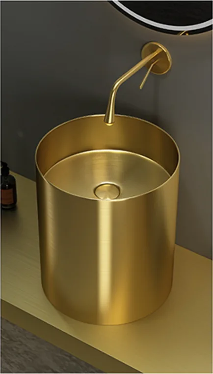 A compact thin-rim round stainless steel pedestal basin in a gold finish, designed for premium commercial and hospitality washrooms.
