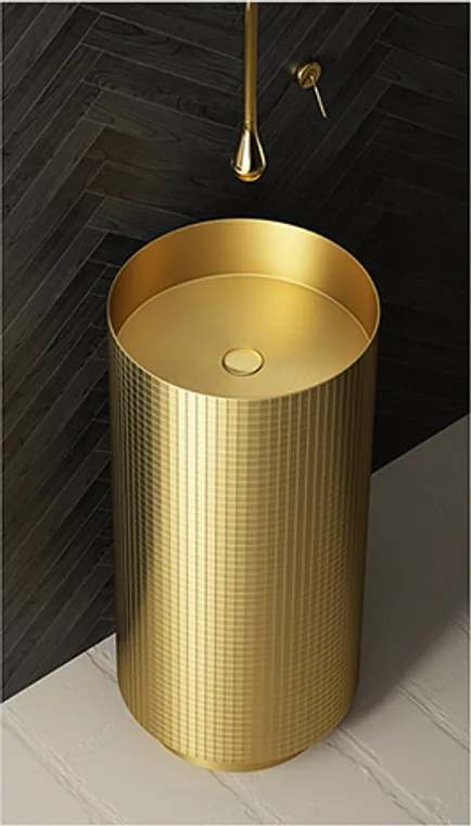 A gold thin-rim mosaic pedestal basin with a lighted base effect, designed for luxury hospitality and commercial bathrooms.