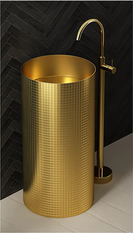 A thin-rim round stainless steel pedestal basin with a gold mosaic-textured column for stylish commercial bathroom spaces.