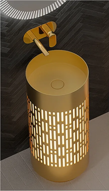 A gold stainless steel pedestal basin with a decorative hollow-pattern body for premium public and commercial bathroom spaces.