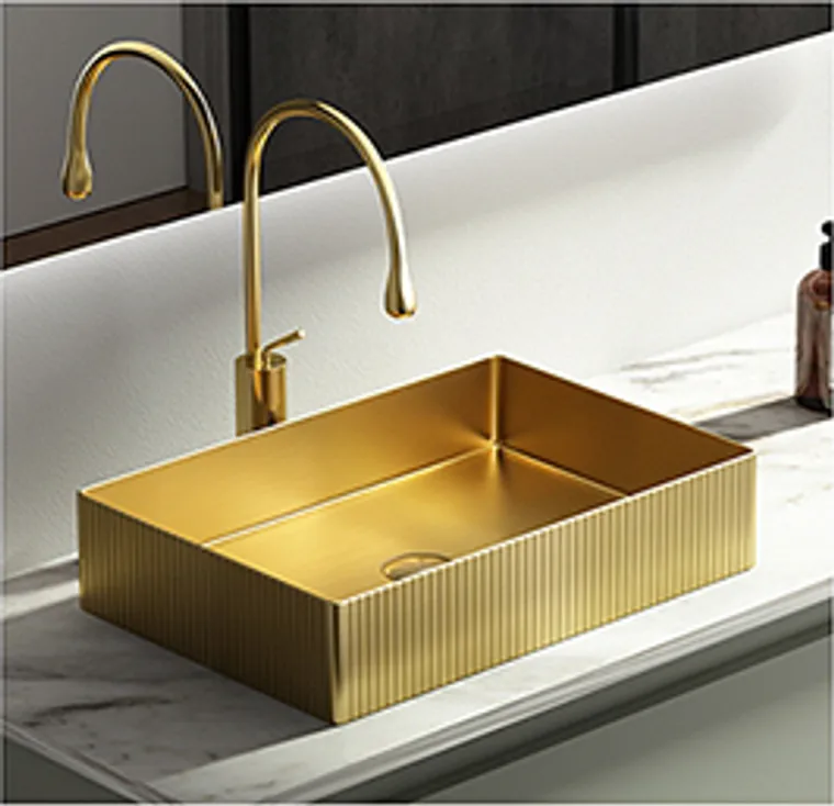 A stainless steel countertop basin designed for commercial bathroom, hospitality and public sanitary projects.