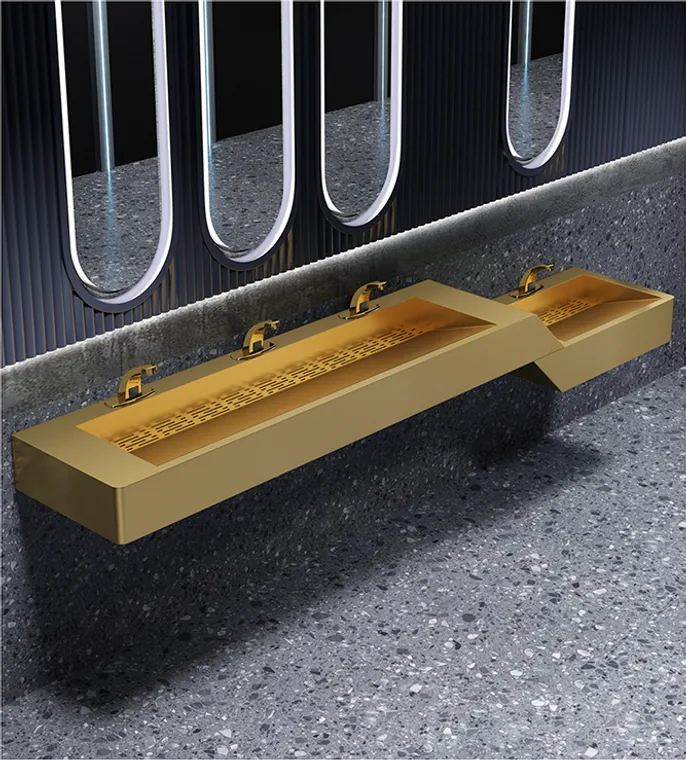 A stainless steel customized pedestal basin designed for commercial bathroom, hospitality and public sanitary projects.