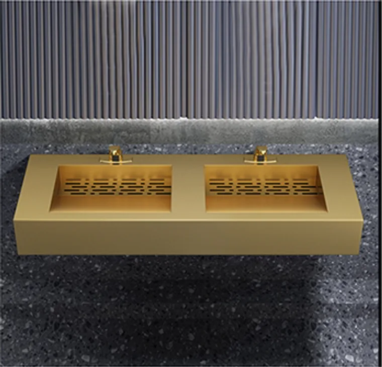 A stainless steel customized pedestal basin designed for commercial bathroom, hospitality and public sanitary projects.
