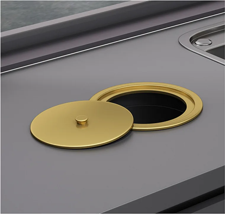 A stainless steel trash can designed for commercial bathroom, hospitality and public sanitary projects.