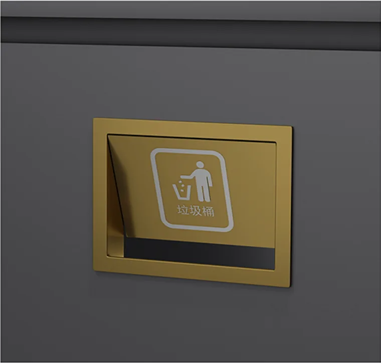 A stainless steel trash can designed for commercial bathroom, hospitality and public sanitary projects.